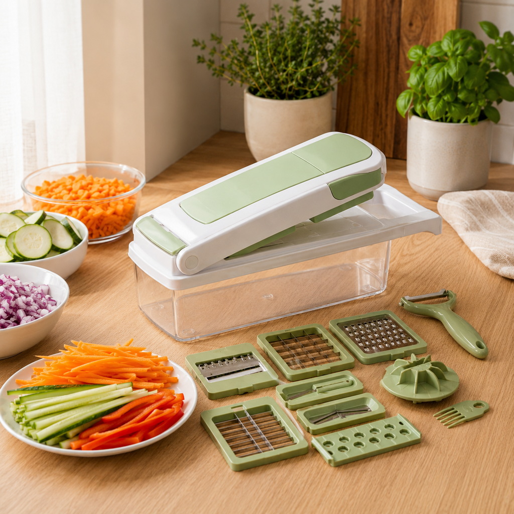 15-in-1 vegetable and fruit chopper with interchangeable cutting attachments and prepared vegetables