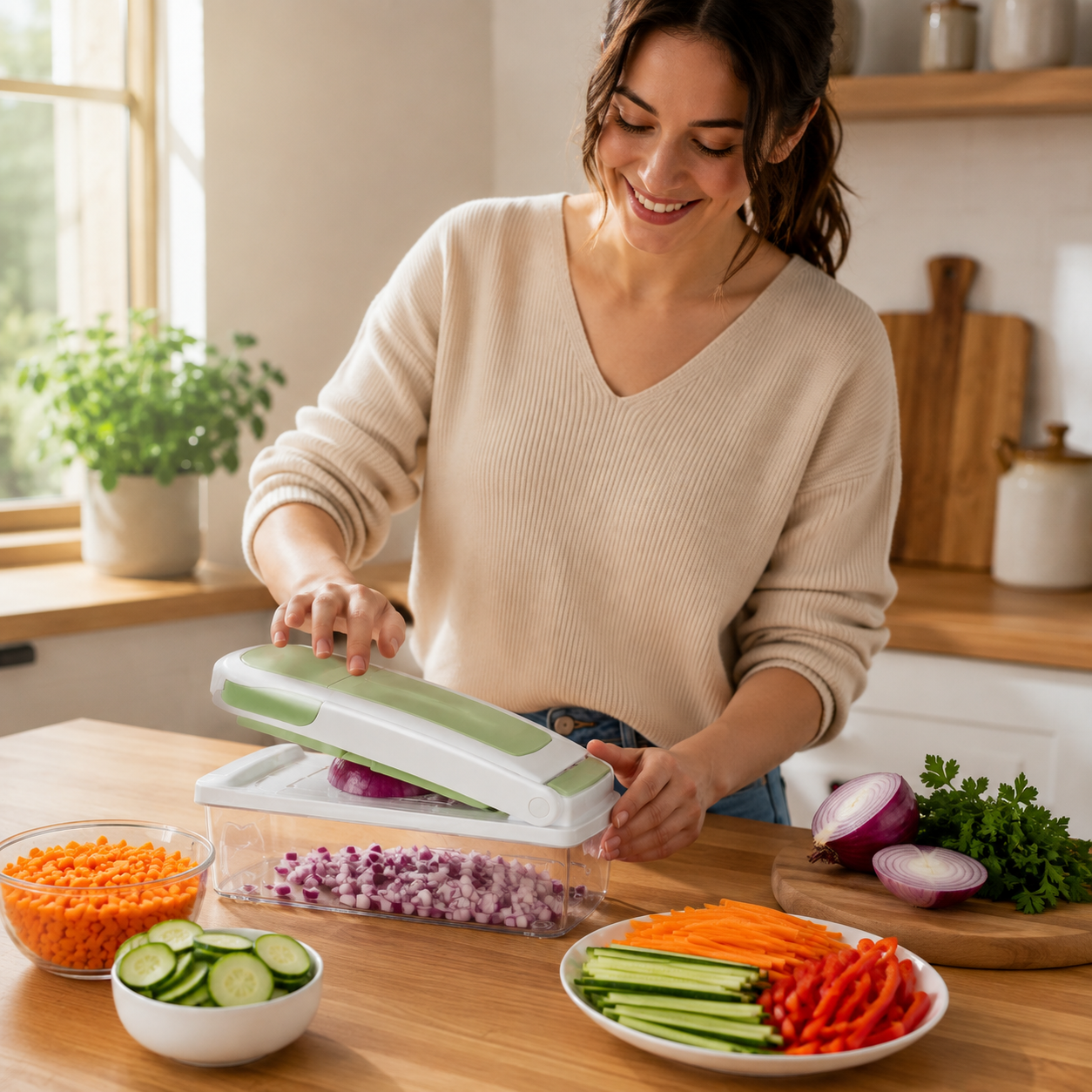 Person using the 15-in-1 vegetable and fruit chopper in a bright kitchen