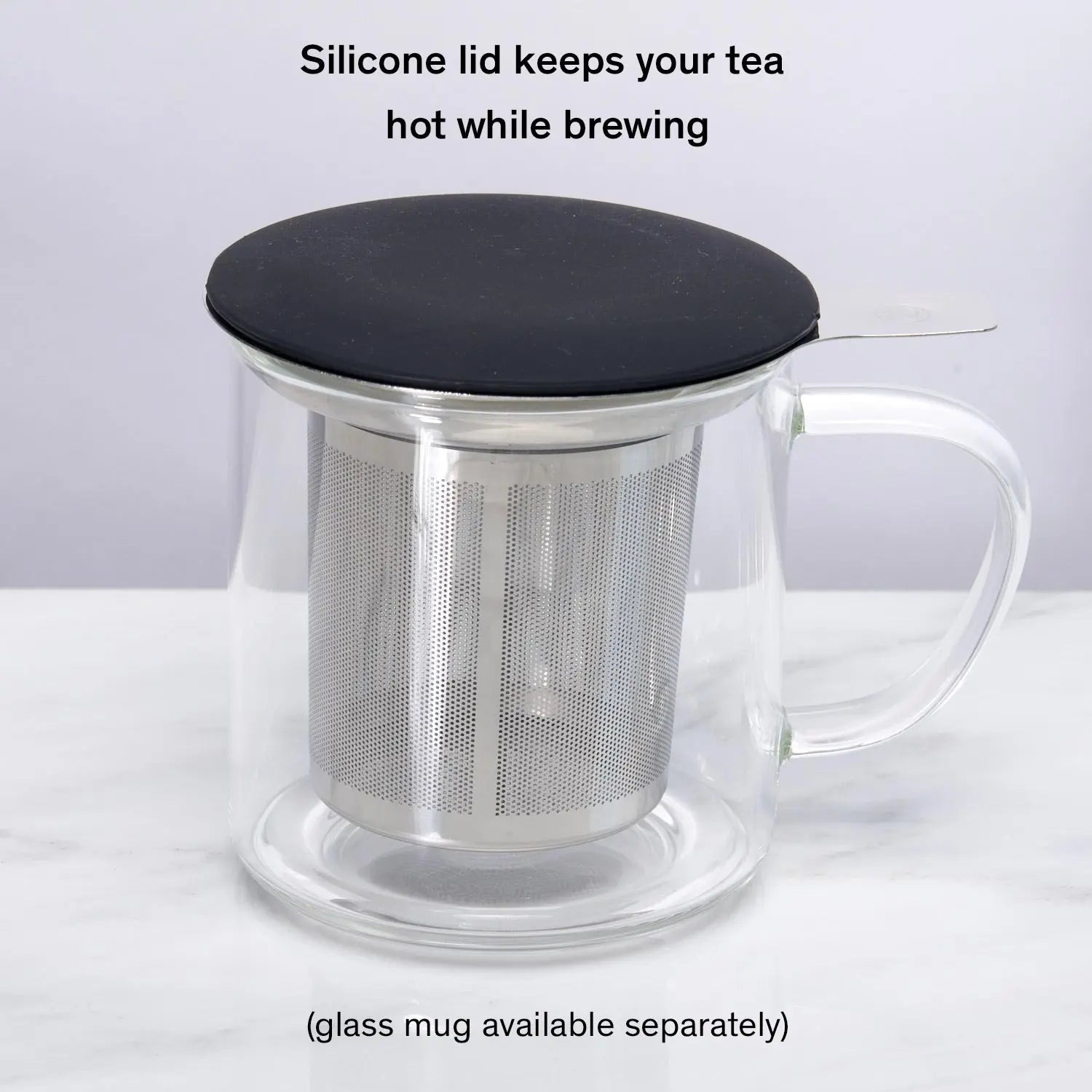 Stainless One Cup tea infuser in mug with lid