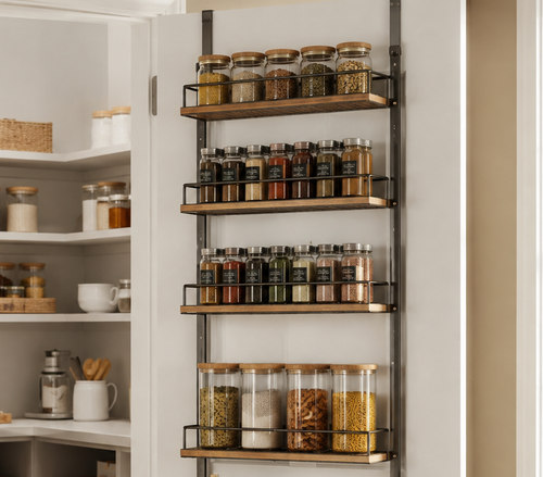Four visible storage baskets on an over-the-door pantry rack in a bright kitchen