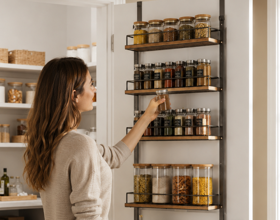 Person using an over-the-door pantry rack with four visible storage baskets