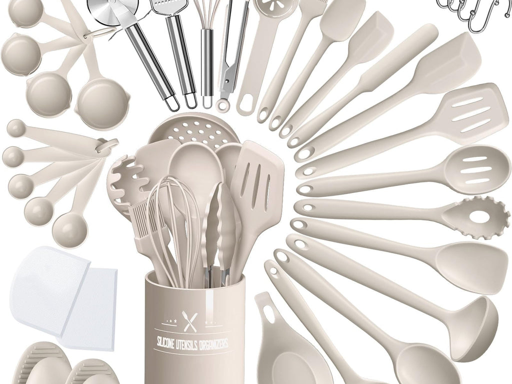 Close-up detail view of the 43-piece silicone kitchen utensil set with steel handles