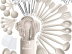 Close-up detail view of the 43-piece silicone kitchen utensil set with steel handles