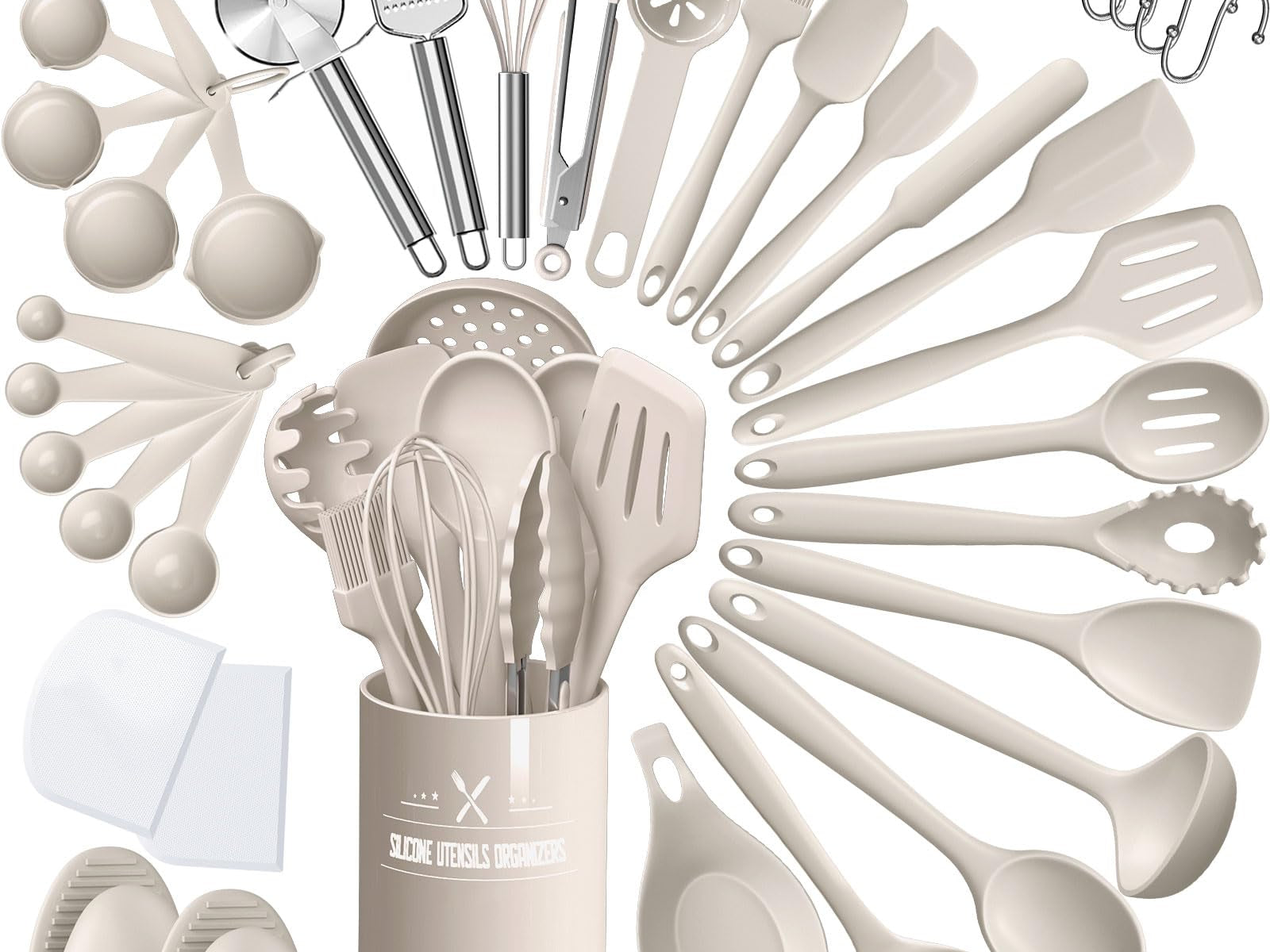 Close-up detail view of the 43-piece silicone kitchen utensil set with steel handles