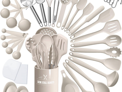 Close-up detail view of the 43-piece silicone kitchen utensil set with steel handles