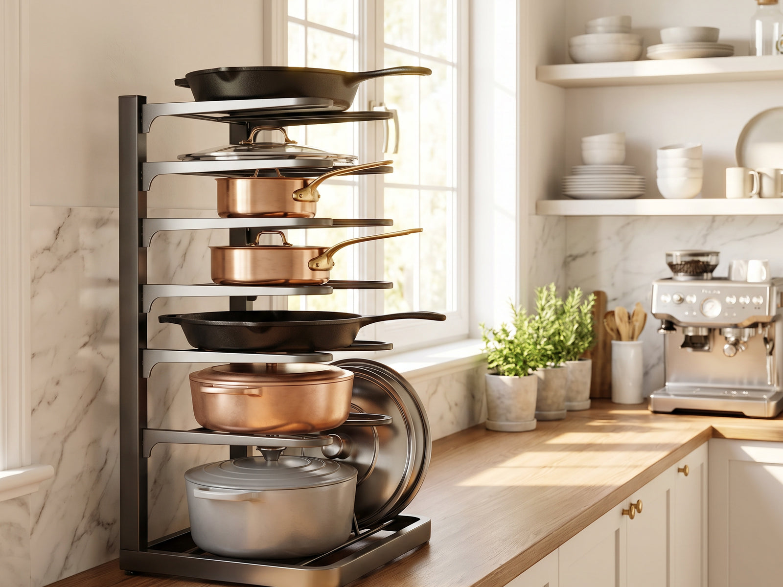 Close-up detail view of the adjustable 8-tier pots and pans organizer rack