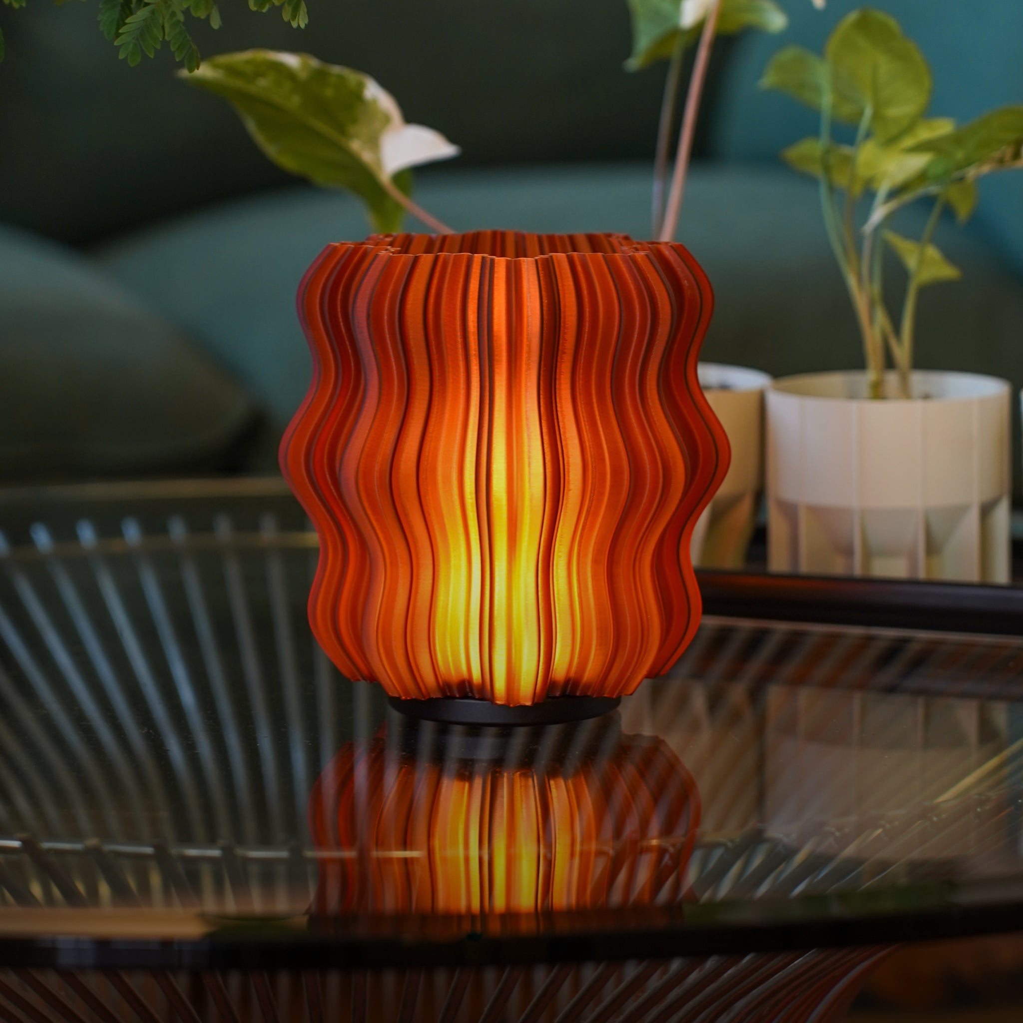 Amber Cordless Mini Wavy Lamp in room setting