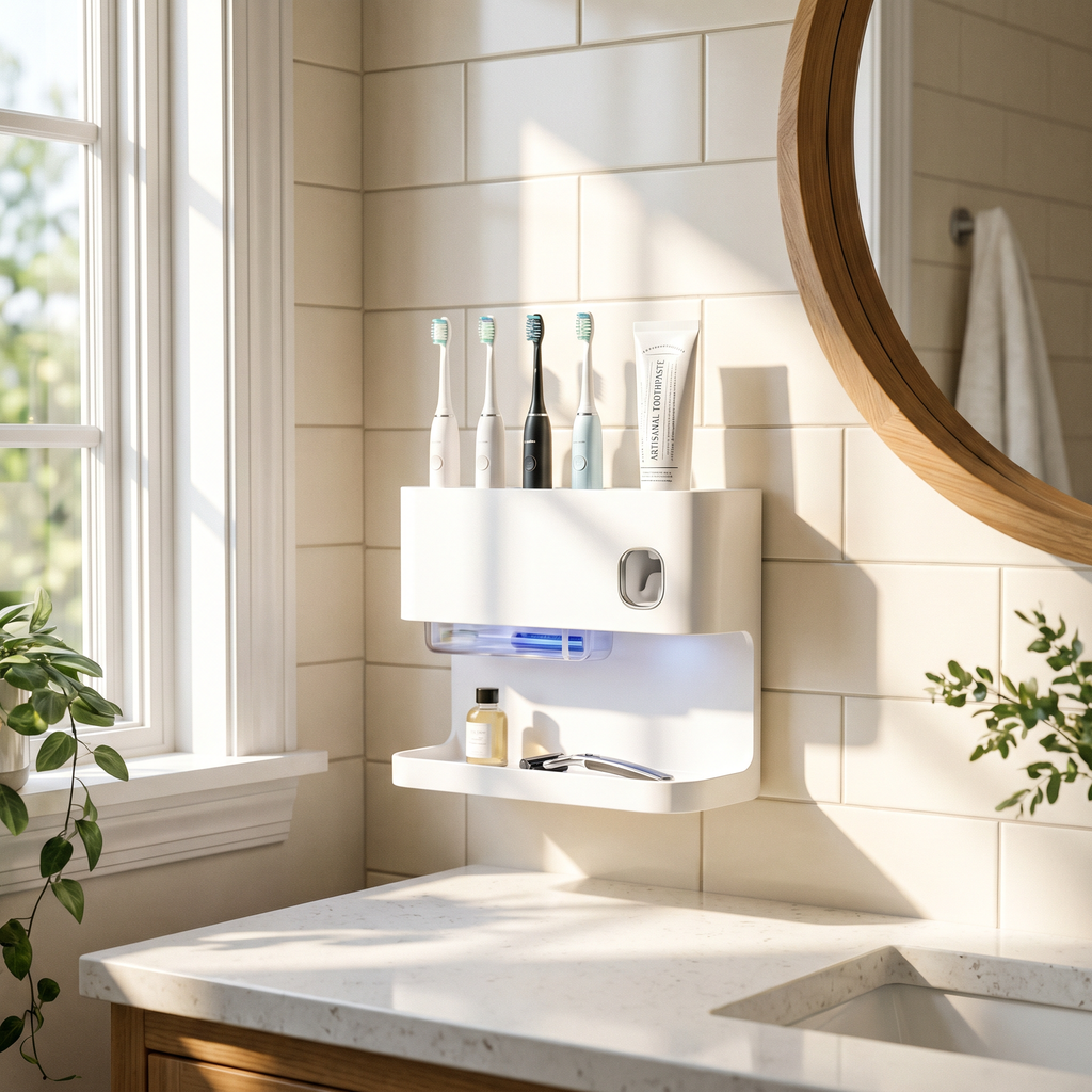 Wall-mounted toothbrush organizer and dispenser with UV feature