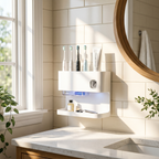 Wall-mounted toothbrush organizer and dispenser with UV feature