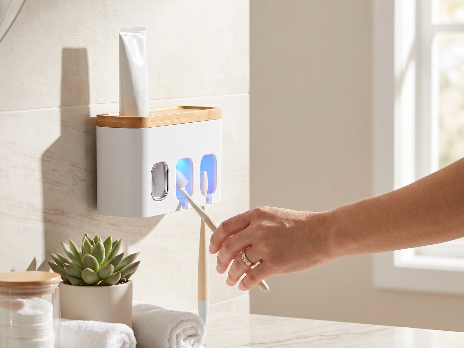 Close-up detail view of the toothbrush holder with automatic dispenser and UV feature