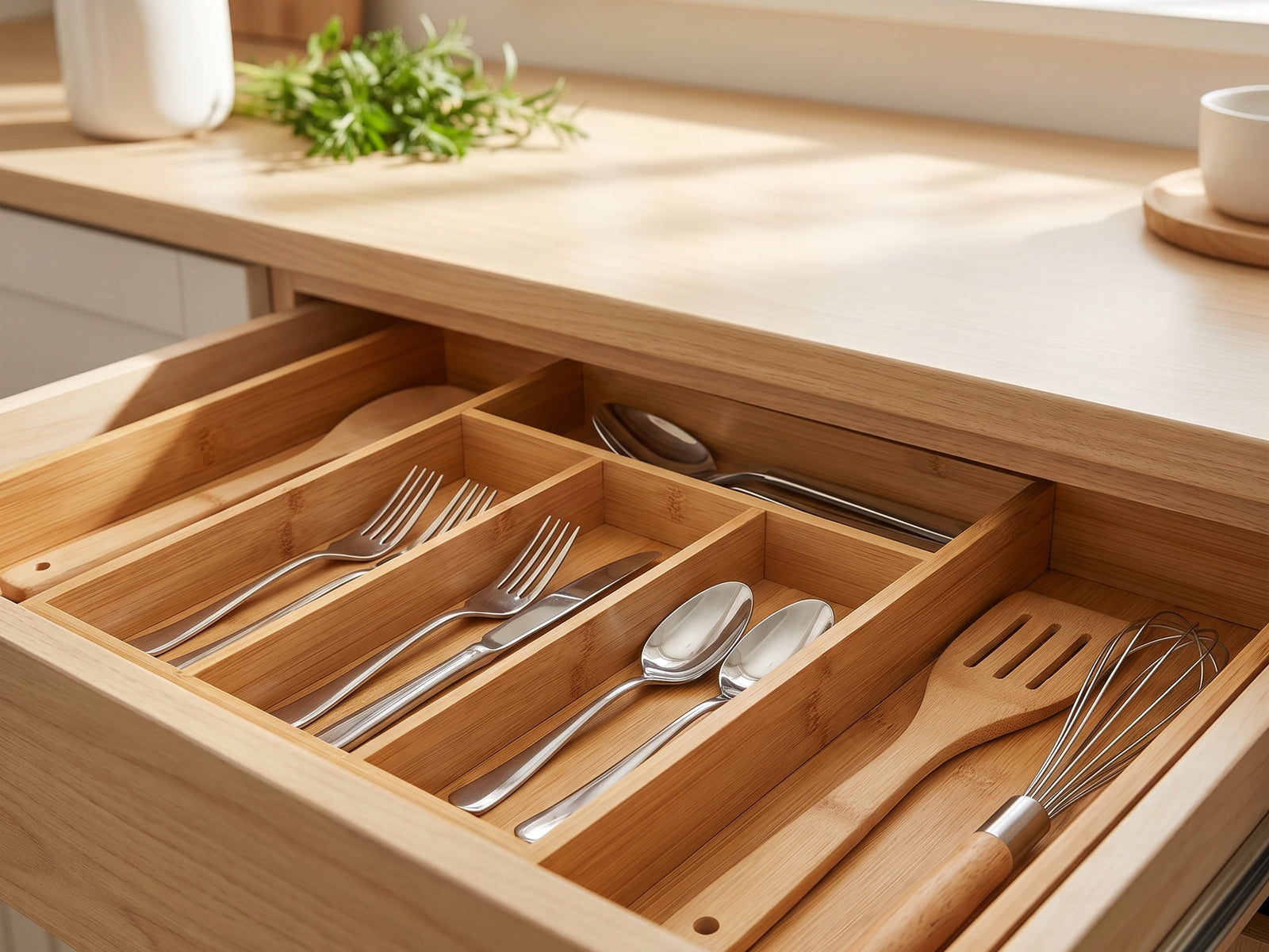 Close-up detail view of the expandable bamboo drawer organizer for utensils