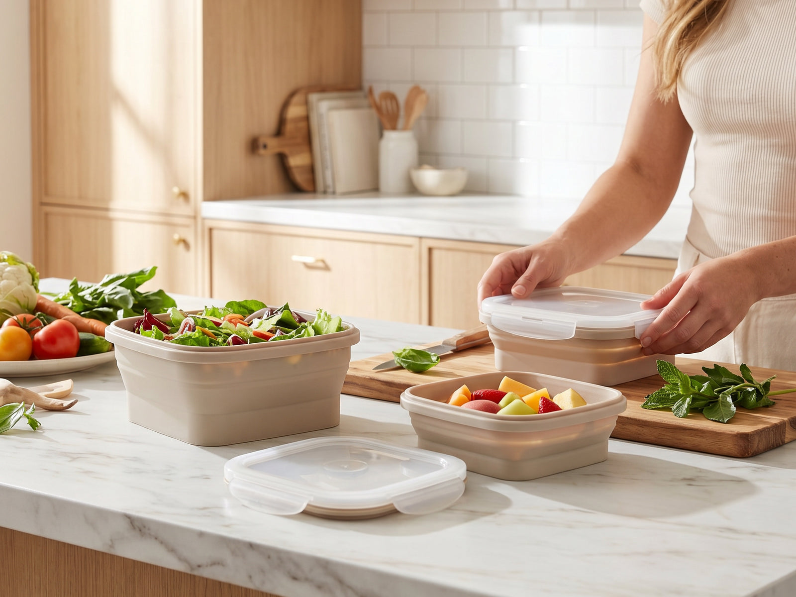 Close-up detail view of the collapsible silicone food storage containers with lids
