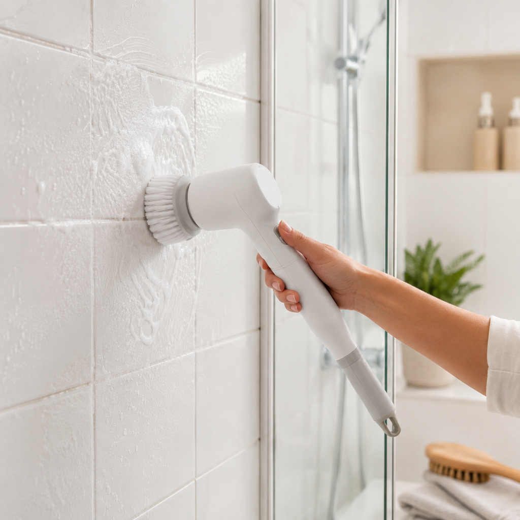 Close-up of a cordless electric spin scrubber being used on shower tile