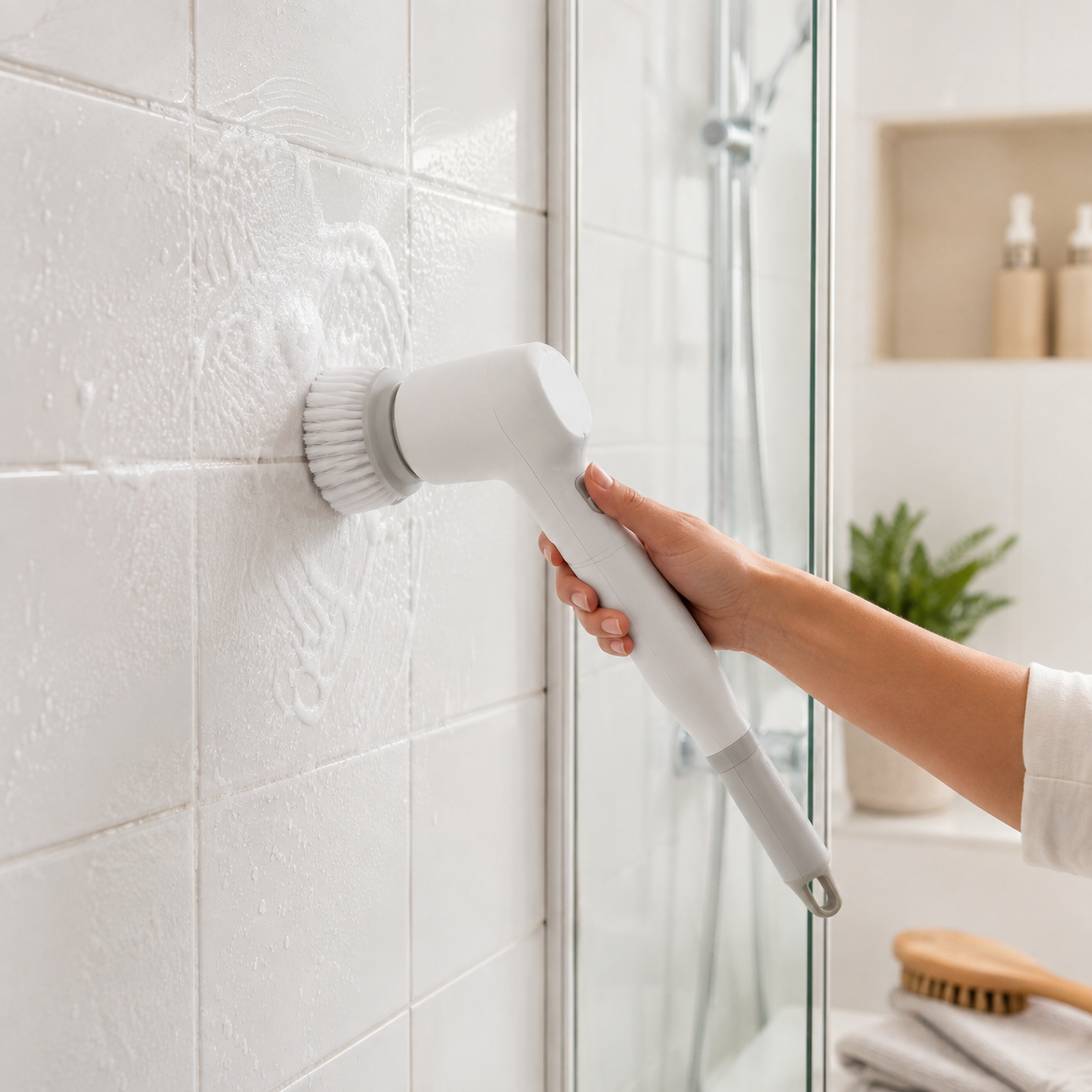 Close-up of a cordless electric spin scrubber being used on shower tile