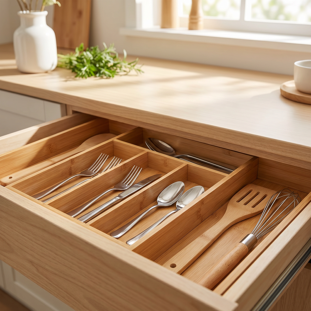 Expandable bamboo drawer organizer for kitchen utensils