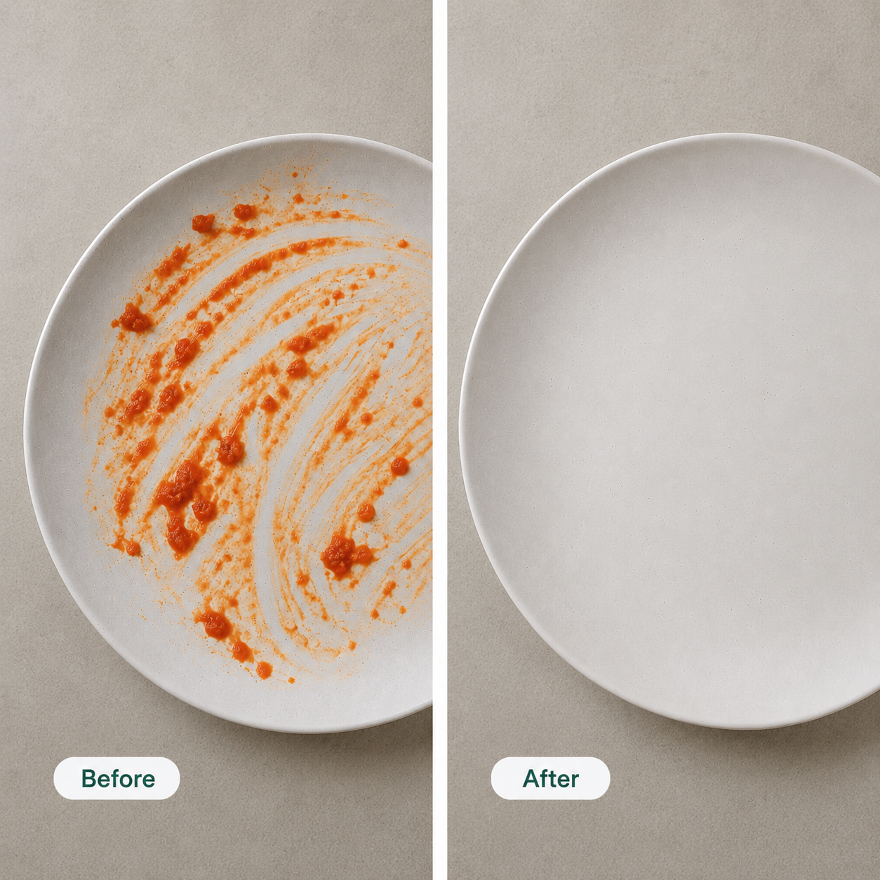 Dishwasher detergent before and after cleaning comparison