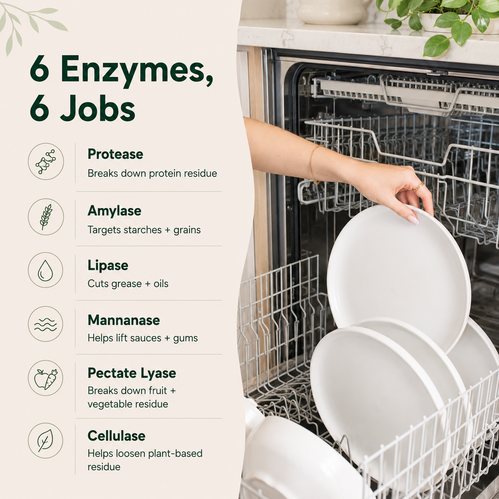 Six-enzyme dishwasher detergent blend infographic