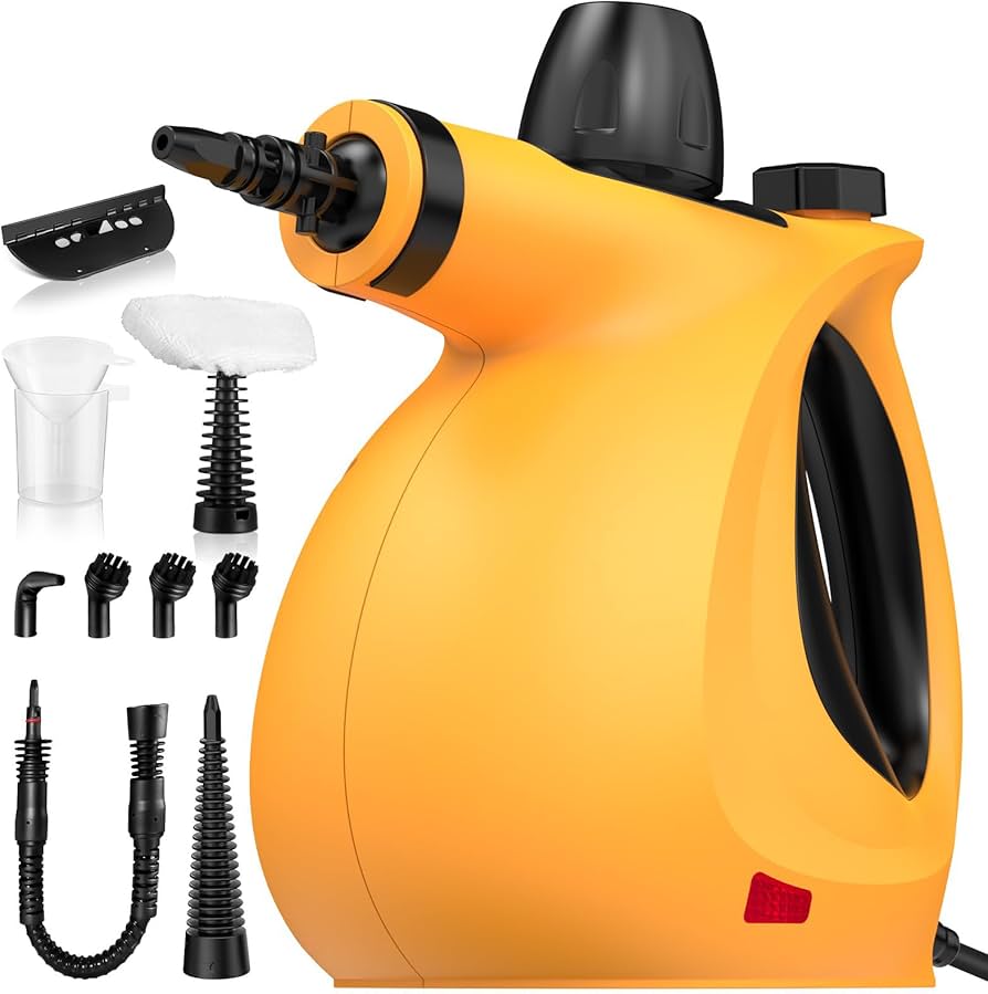 Close-up detail view of the pressurized handheld steam cleaner and attachments