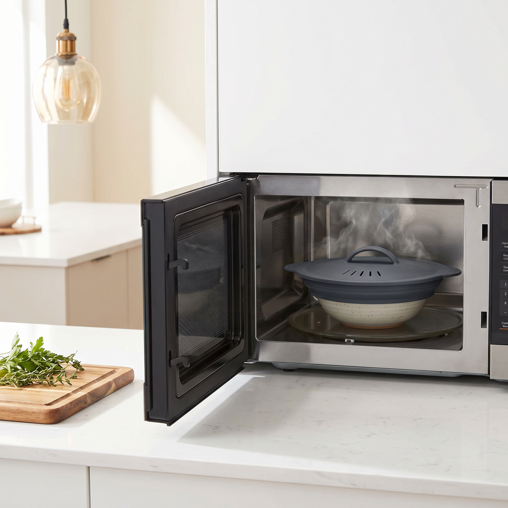 Collapsible microwave splatter cover with steam vents