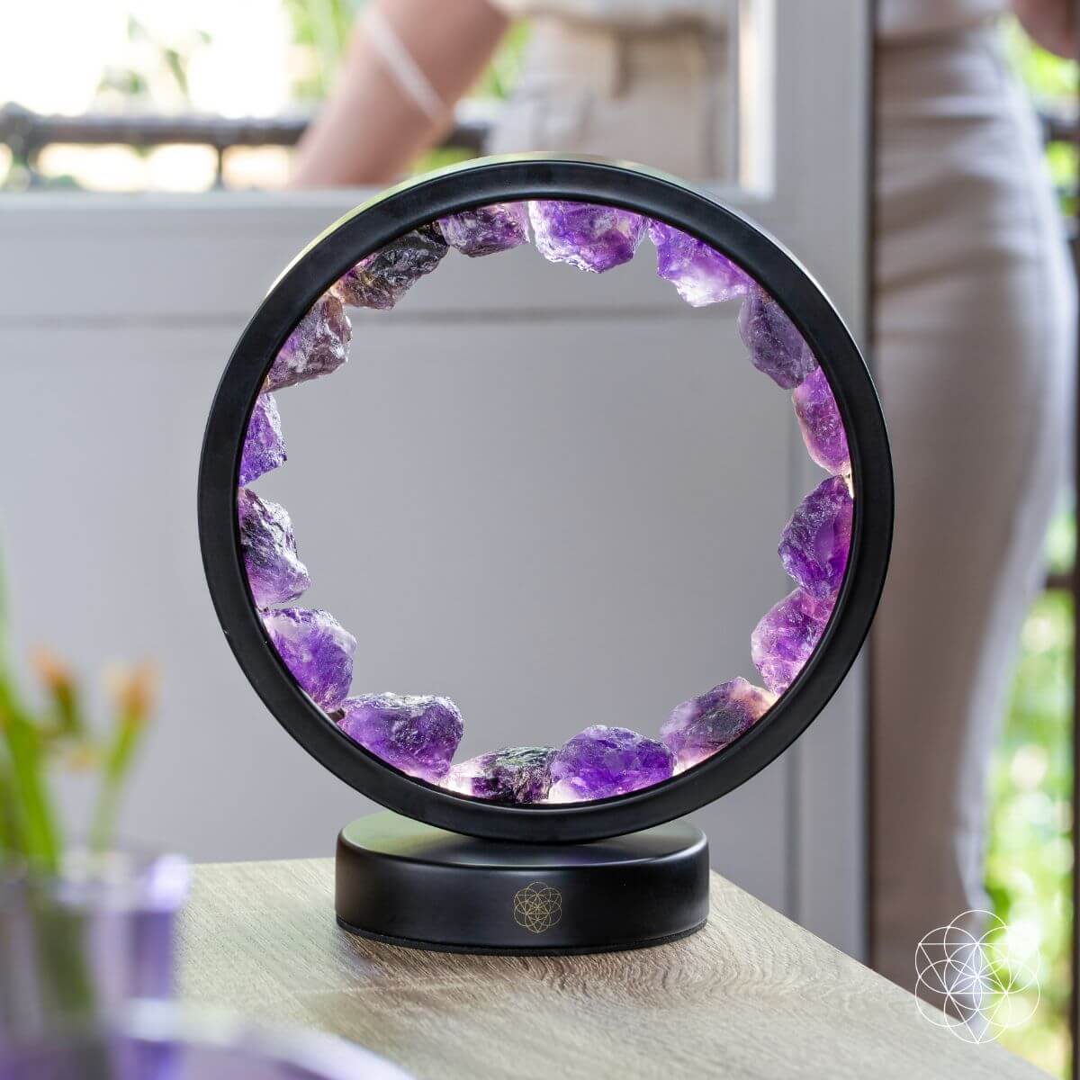 Amethyst halo lamp glowing in room setting