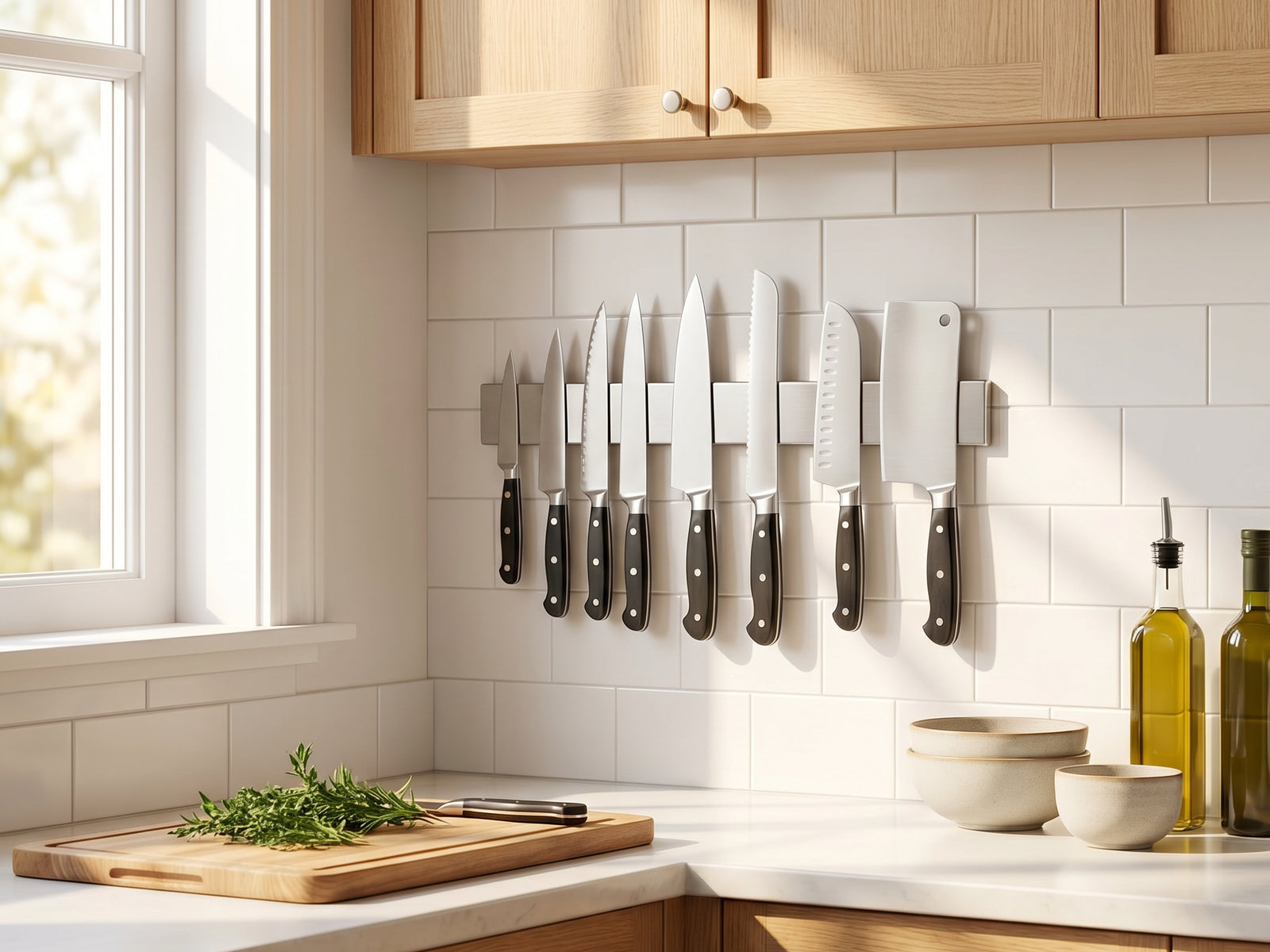 Close-up detail view of the magnetic wall-mounted knife holder