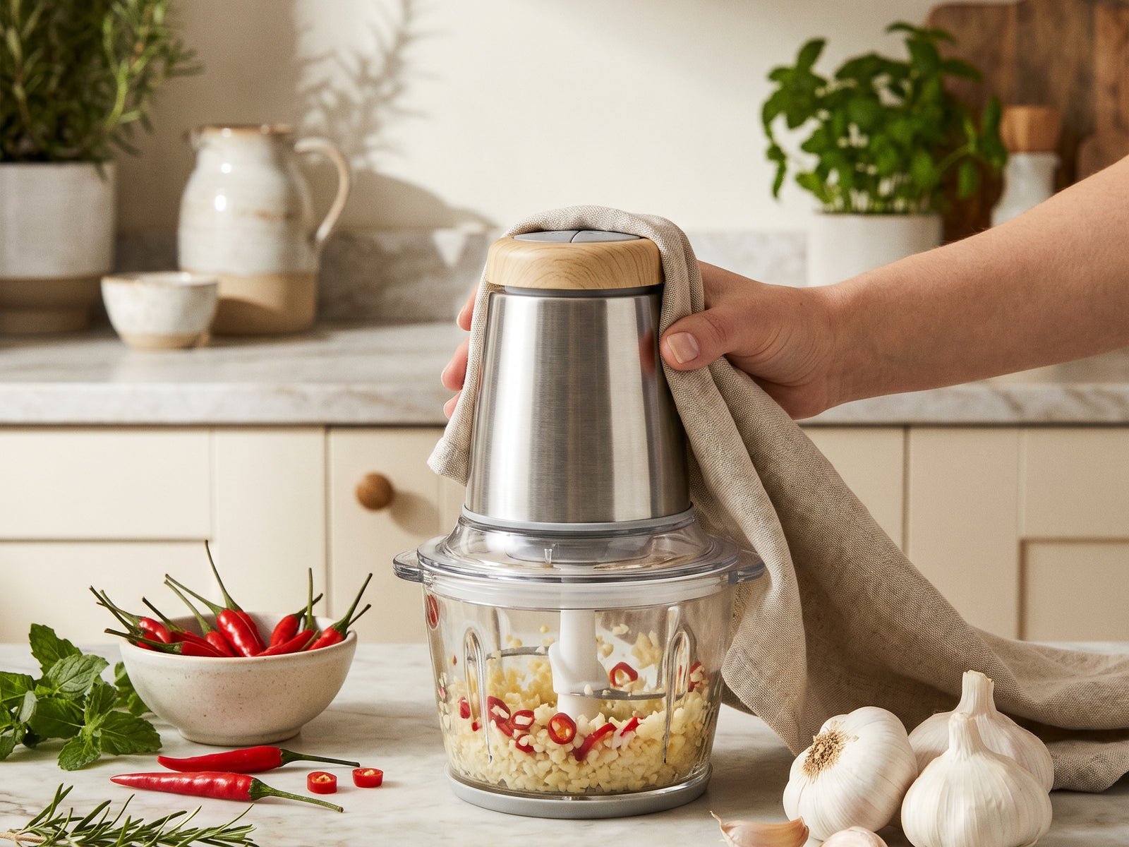 Close-up detail view of the wireless USB rechargeable mini food chopper