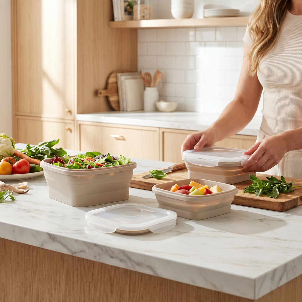 Collapsible silicone food storage containers with lids
