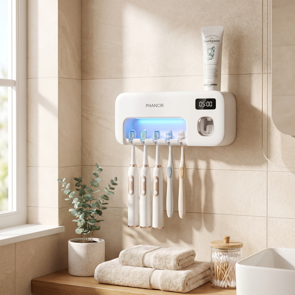 Wall-mounted toothbrush organizer with auto-dispense and UV feature