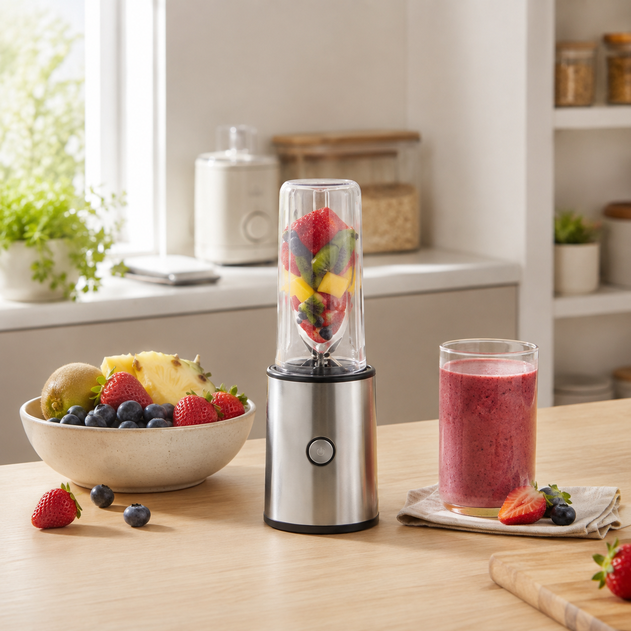 Portable blender with fruit and smoothie in a bright kitchen