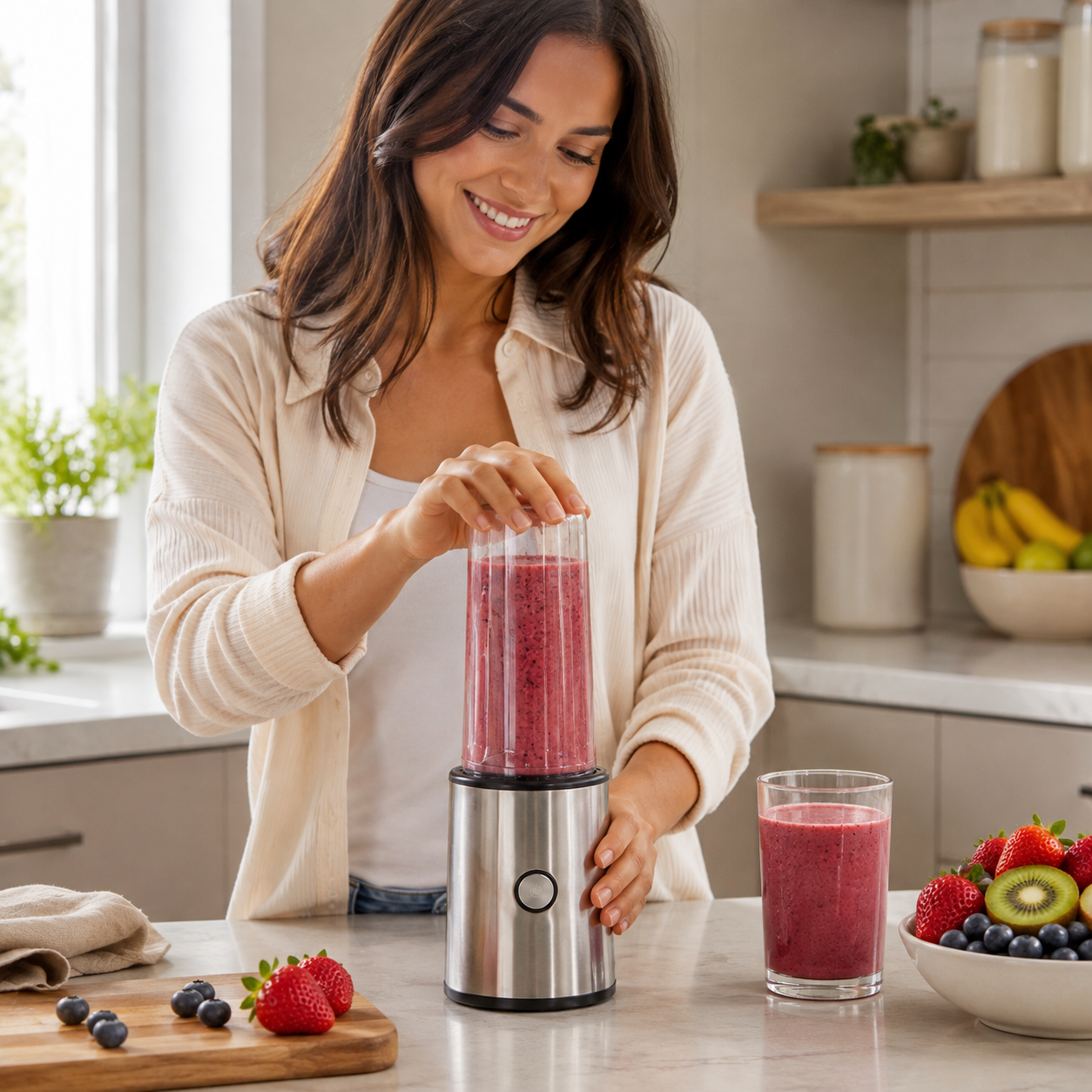 Person using a portable blender to make a berry smoothie in a bright kitchen