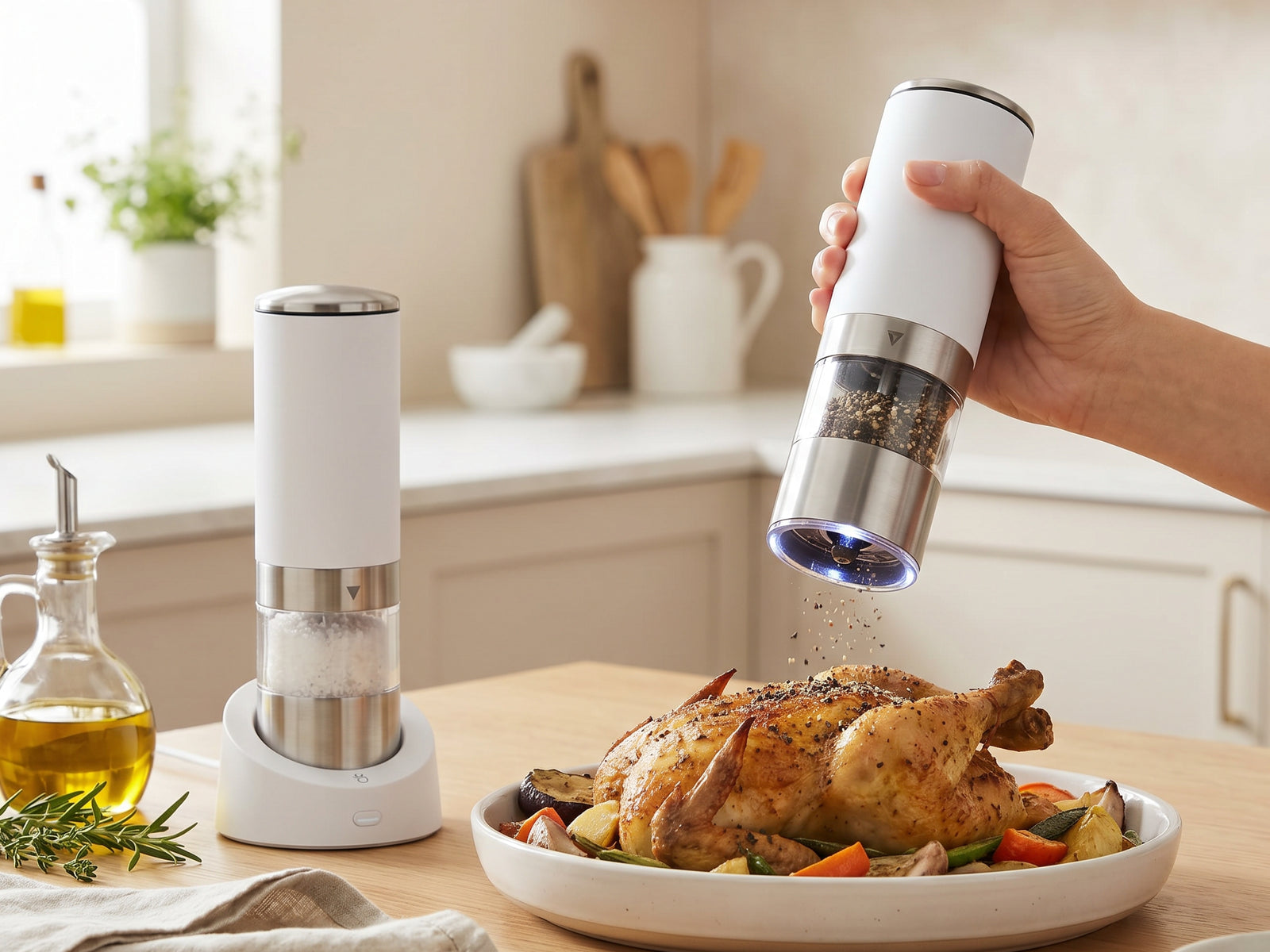 Close-up detail view of the automatic LED salt and pepper grinder set