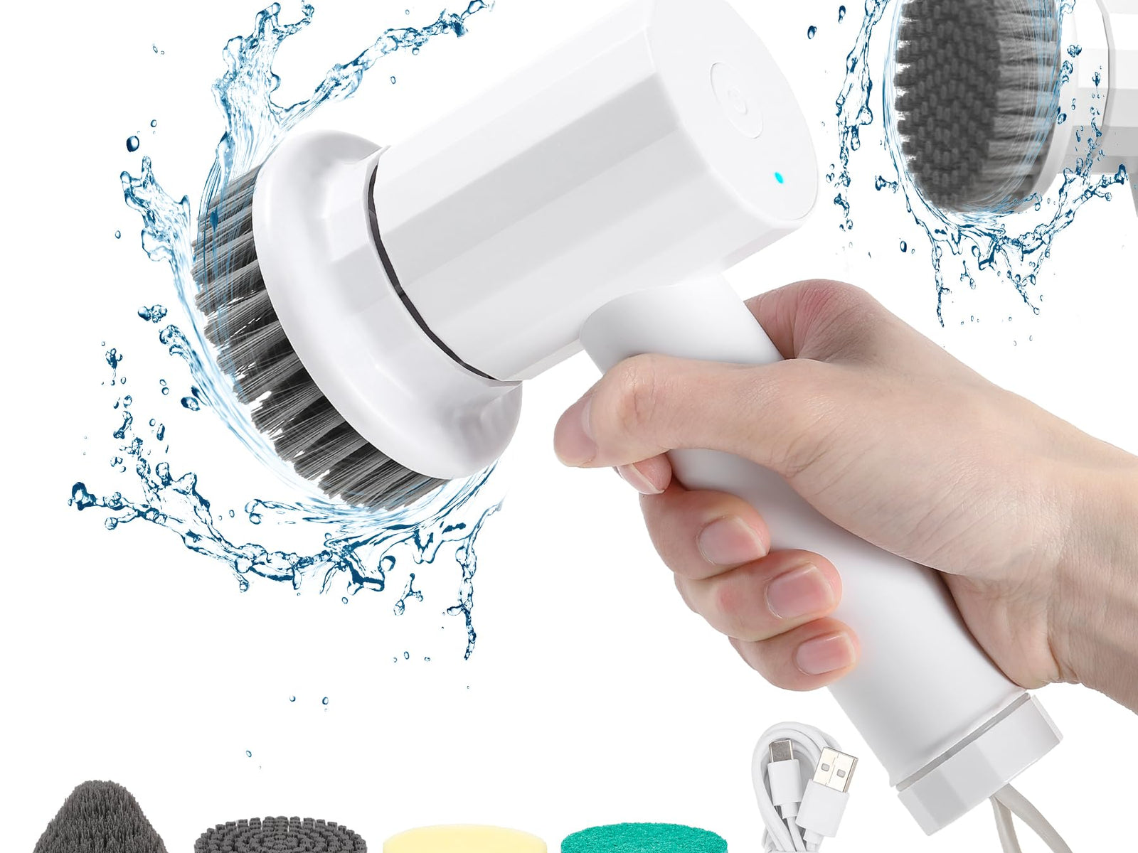 Close-up detail view of the cordless electric spin scrubber with 8 brush heads
