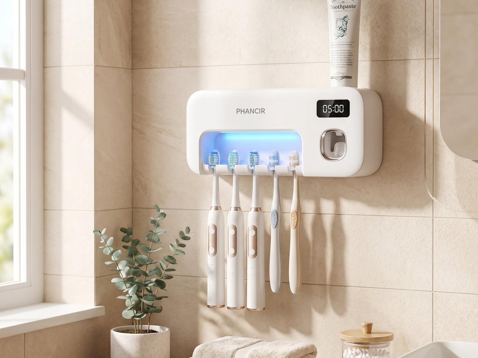 Close-up detail view of the wall-mounted toothbrush organizer with auto-dispense and UV feature