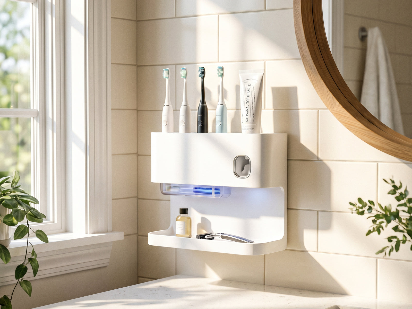 Close-up detail view of the wall-mounted toothbrush organizer and dispenser with UV feature